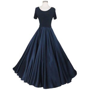 Vintage 80s 90s Navy Blue Satin Stretch Gown Full Skirt Prom Party Dress S M